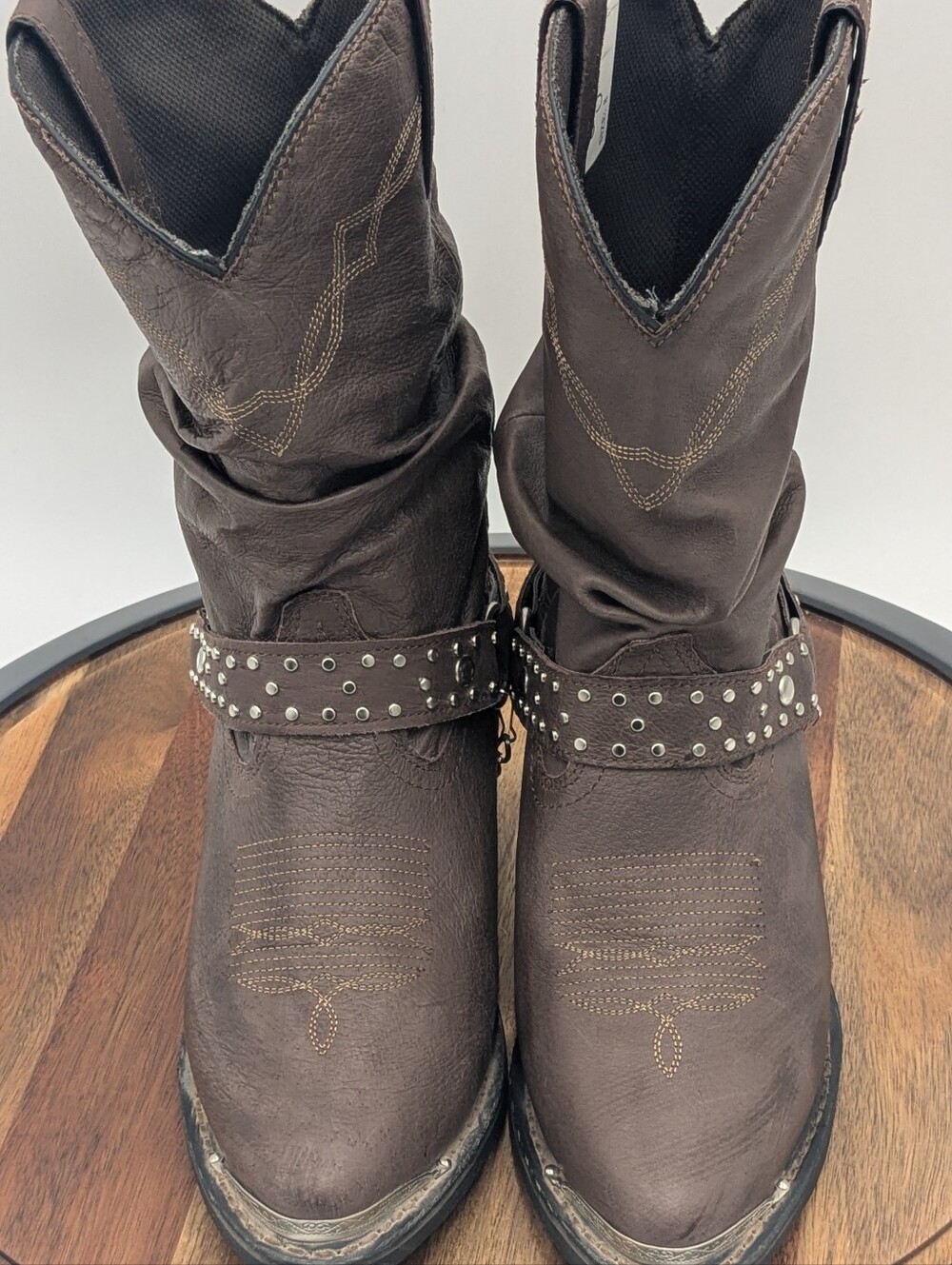 Shyanne Tammye Slouch Dark Brown Studded Harness Western Boots Size 8